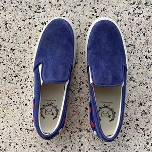 Blue Suede Slip On Sneakers with Beading